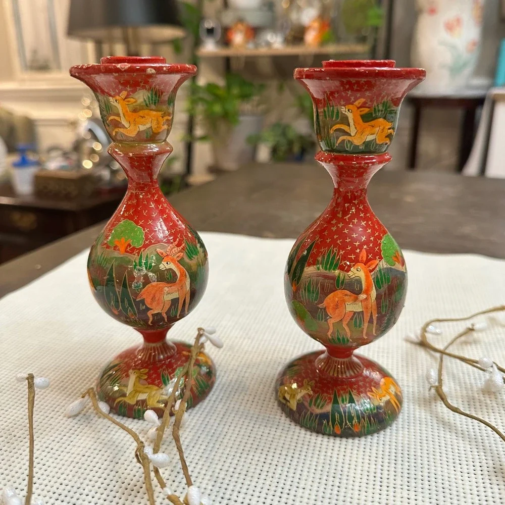 Hand‎ Painted Paper Mache Candleholders 2 Piece Vintage Deers